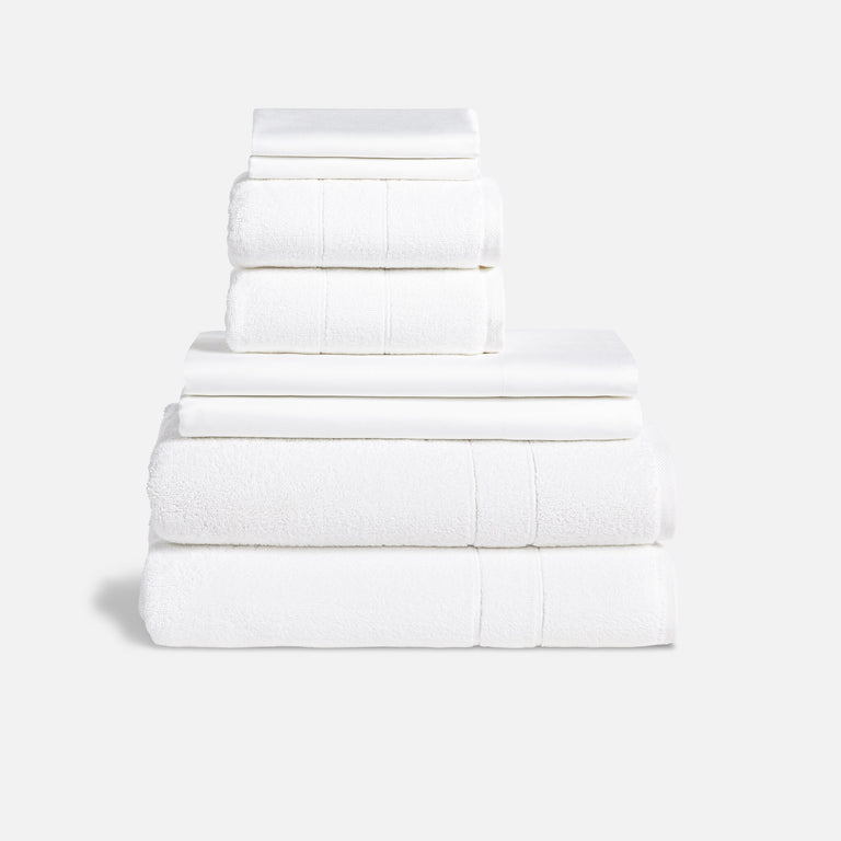Solid White / Luxe Bed and Bath Bundle