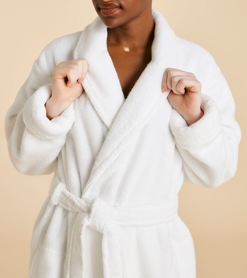 Close up image of a white super-plush robe